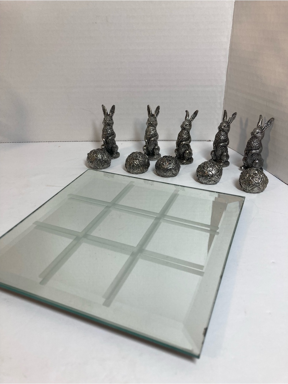 Vintage Metzke Pewter Rabbits & Cabbage Tic Tac Toe Set w/6x6 Mirrored Glass Brd